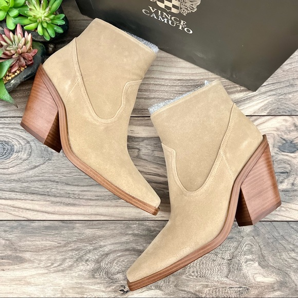NIB Vince Camuto Amtinda Square Toe Block Heel Leather Bootie Tortilla 9M - Picture 2 of 13